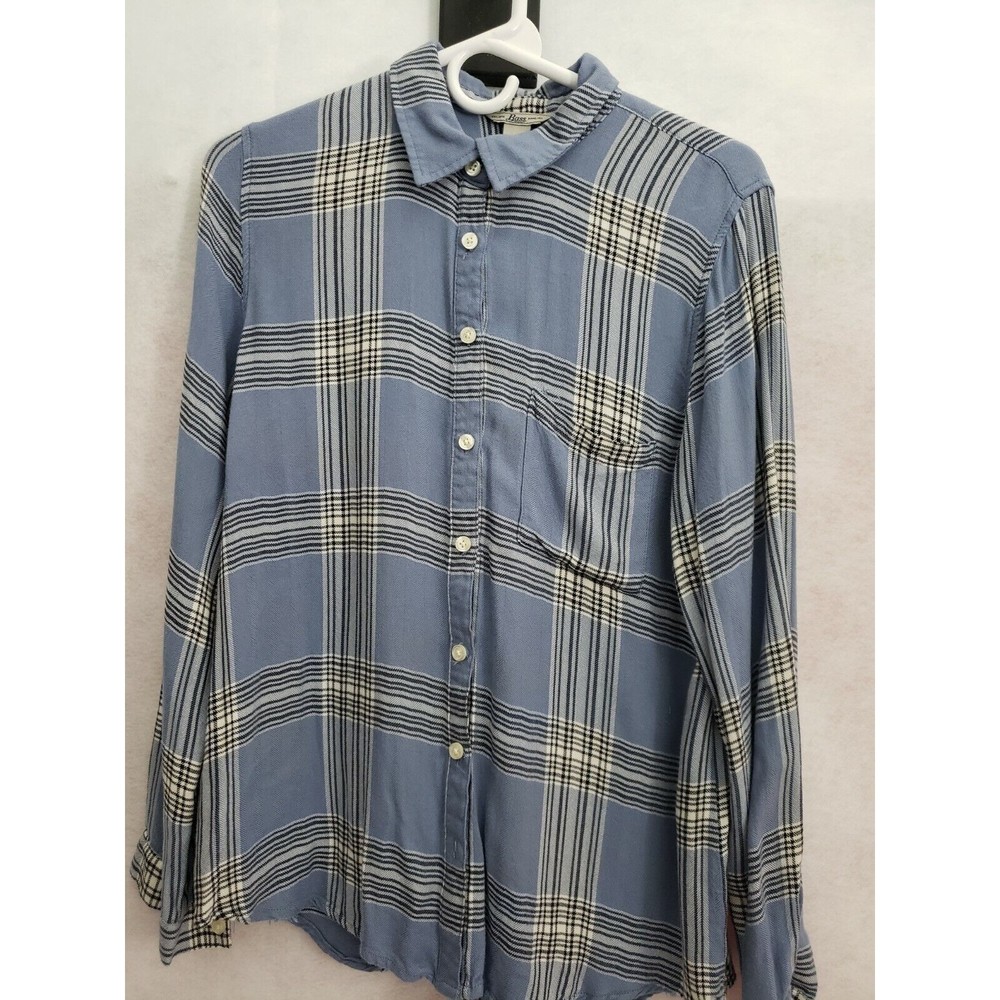 Bass Women's Med Blue & white plaid rayon long sleeve button down shirt